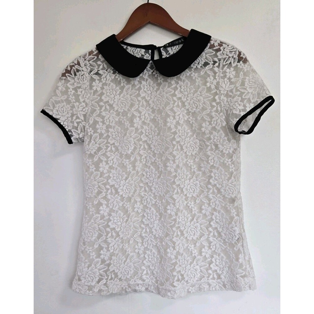 VTG Allegra K Blouse Womens S Floral Preppy Sheer Peter Pan Collar Boho Festival